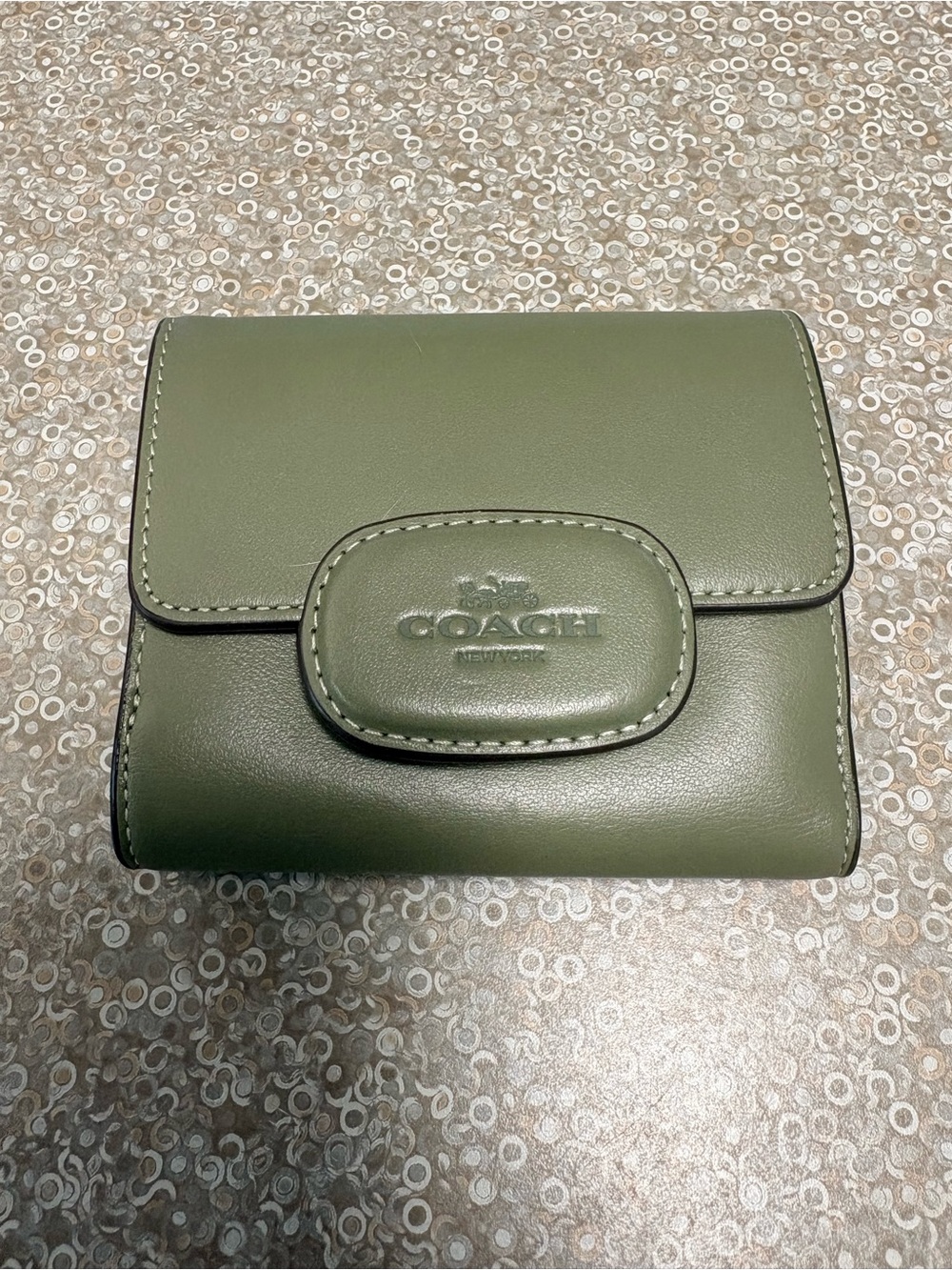 COACH Green Leather Compact Wallet with Logo Flap
